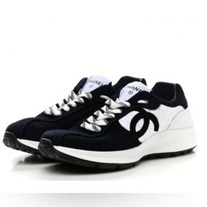 CHANEL Fabric Suede Kidskin CC Sneakers Dark Navy & White